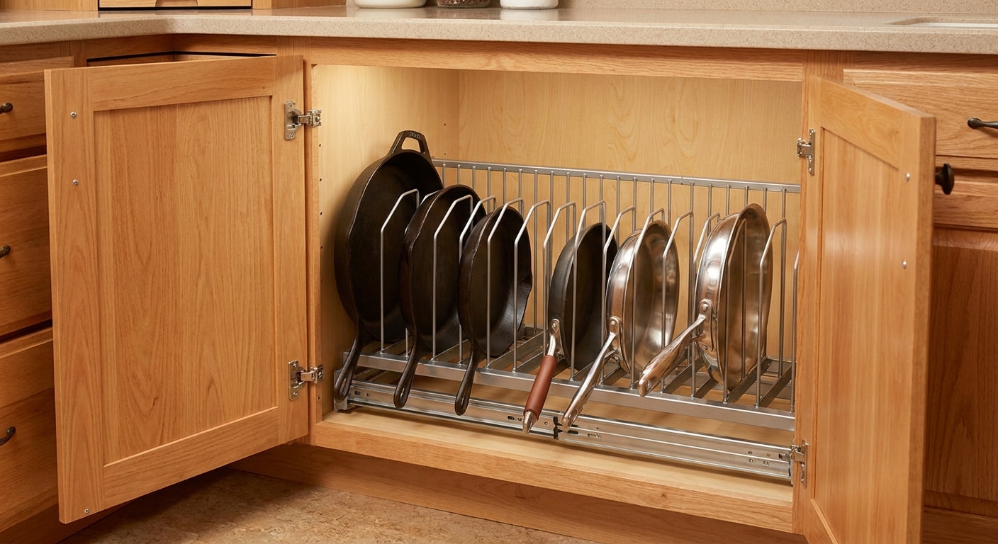 A base cabinet with an adjustable vertical rack holding frying pans upright in separate slots