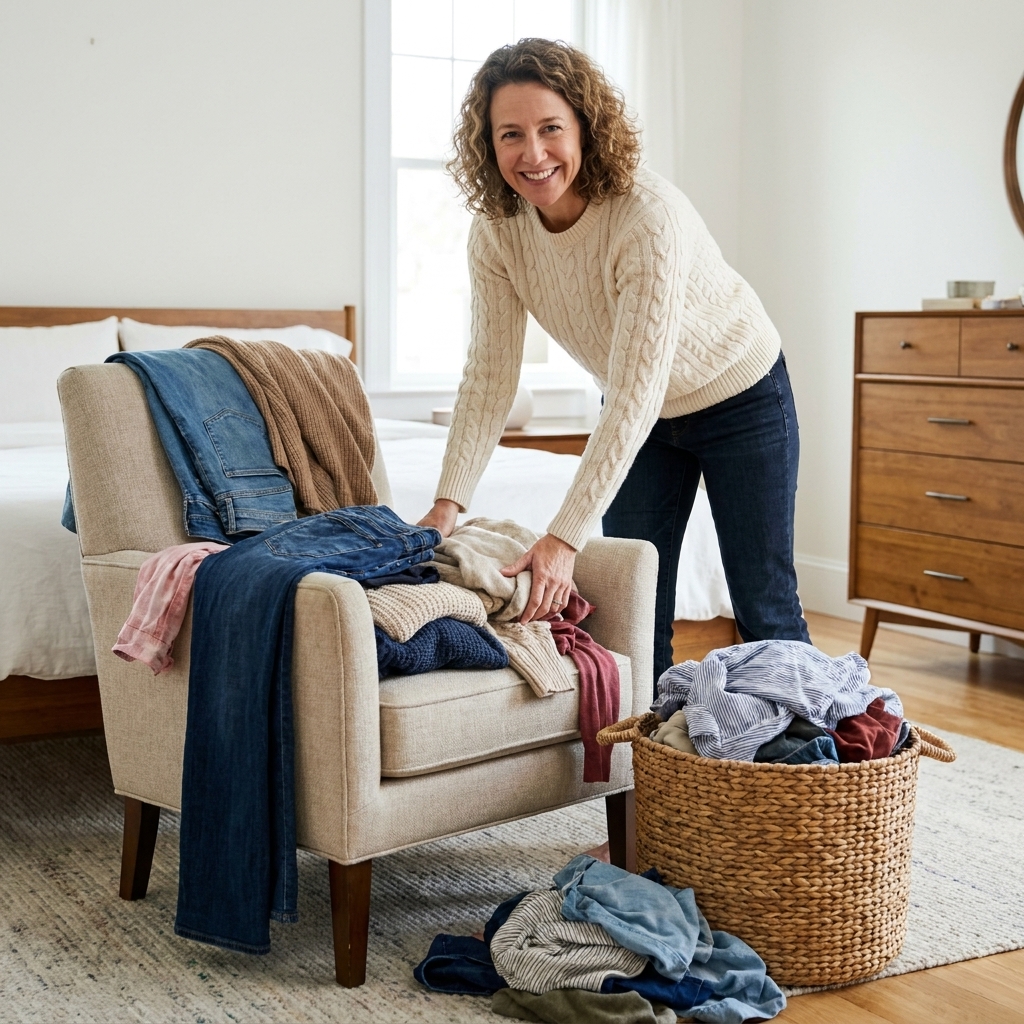 A bedroom chair with a small pile of mixed clothing next to a laundry basket, showing the common laundry drop spot