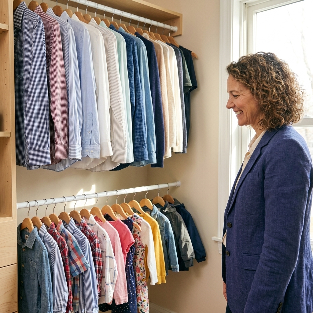 A bedroom closet with a main closet rod and a second tension rod installed below it, creating two levels of hanging space for shirts and kids' clothing
