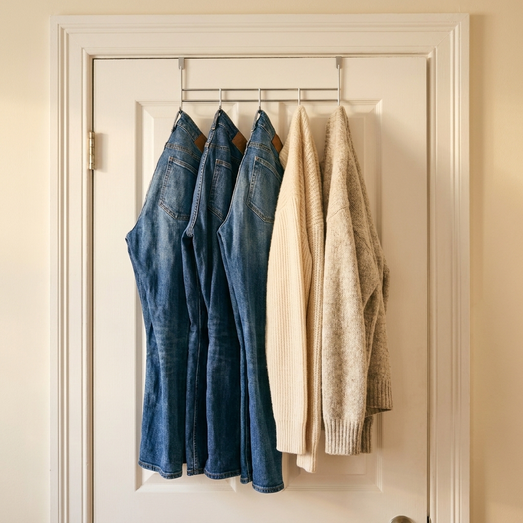 A bedroom door with a simple over-the-door rack holding a few neatly hung jeans and sweaters