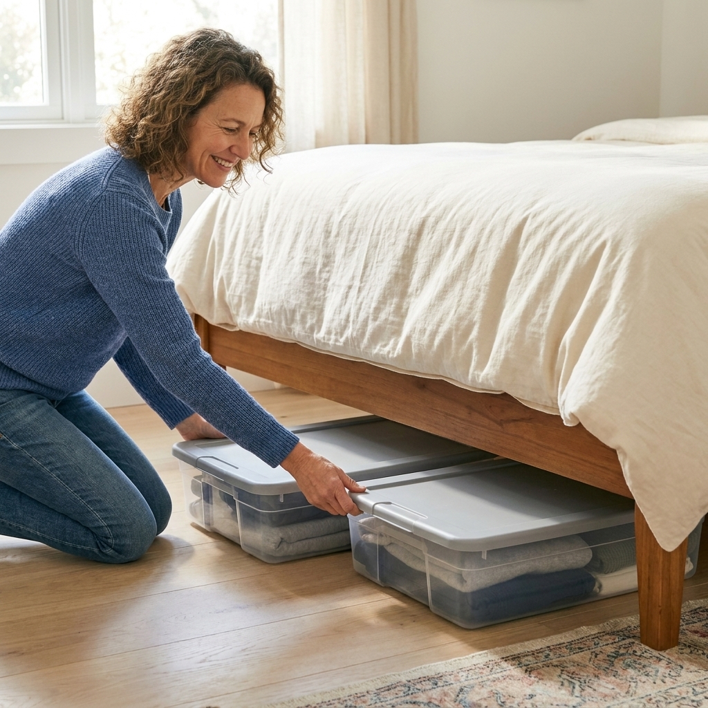 A bedroom floor with two clear low-profile storage containers with lids positioned under the edge of a bed, photographed in natural daylight