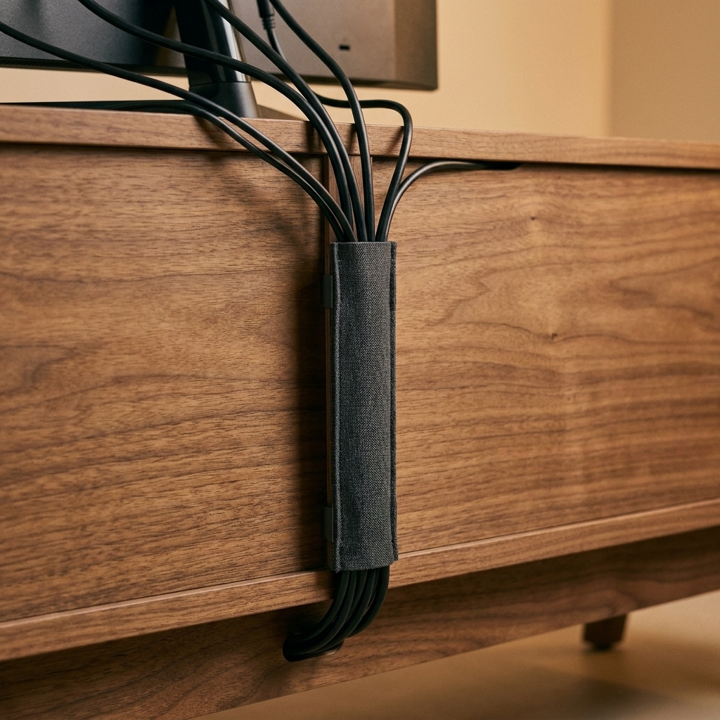 A bundle of black TV cables gathered into a fabric cord sleeve running neatly down the back of a media console