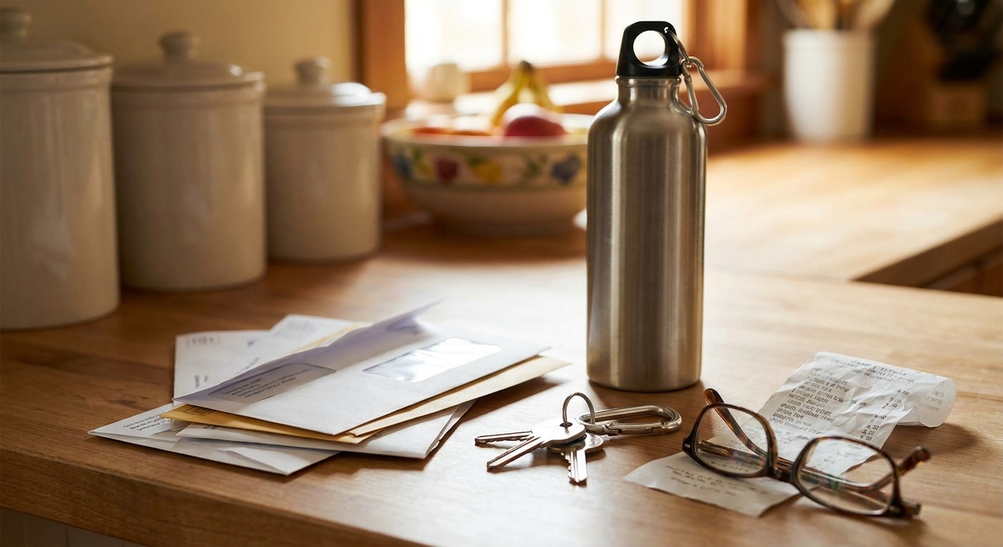 A busy kitchen counter with a small pile of mail, a reusable water bottle, keys, and a couple of random items creating visible clutter