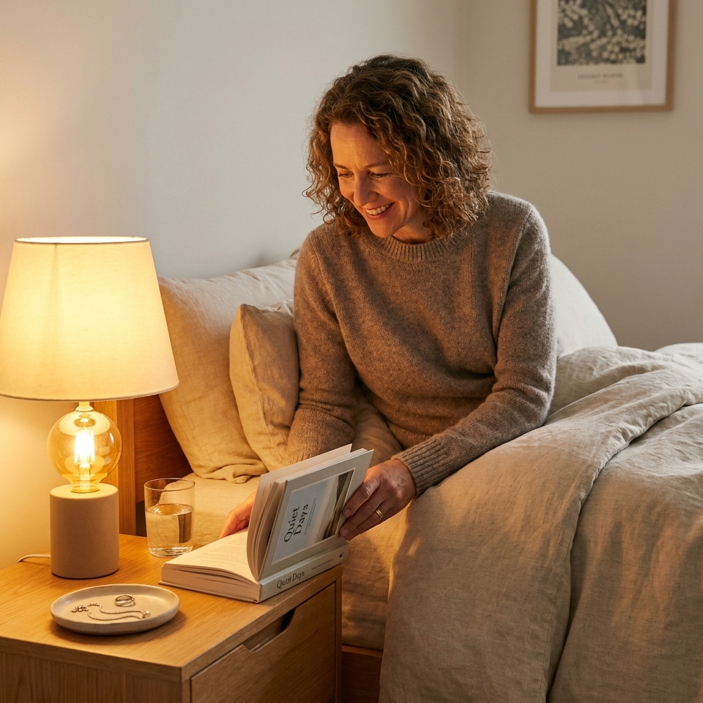 A calm bedside table with a warm-glow lamp, a single book, and a small tray for jewelry beside a neatly made bed