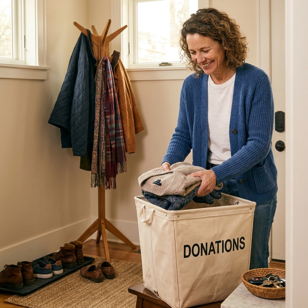 A canvas donation bin sitting in an entryway next to a coat rack, ready to be filled with items to leave the house