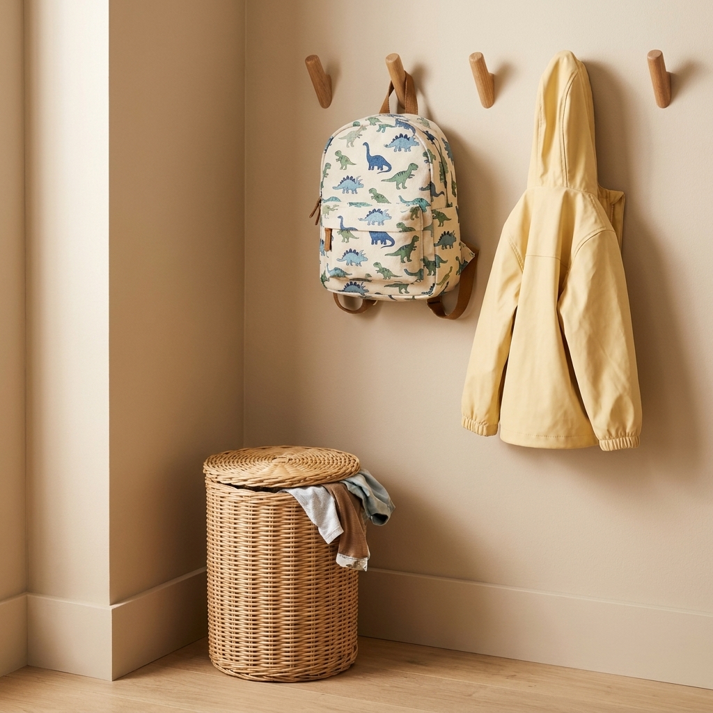 A child’s backpack and light jacket hanging on low wall hooks beside a small laundry hamper