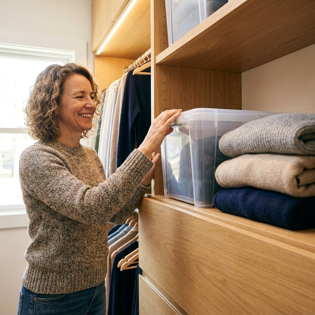 A clear lidded storage bin on a closet shelf next to folded sweaters, photographed in a real home closet