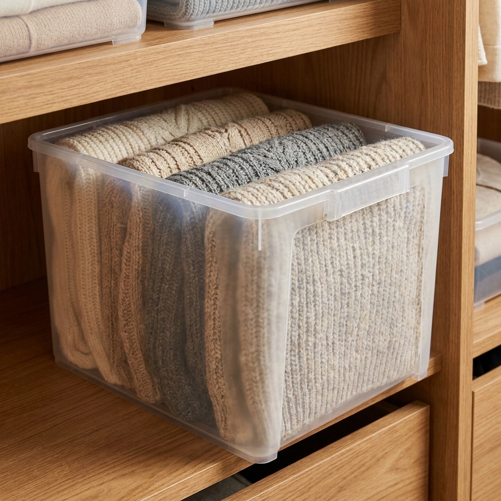 A clear storage bin on a closet shelf holding vertically folded chunky sweaters in neutral colors