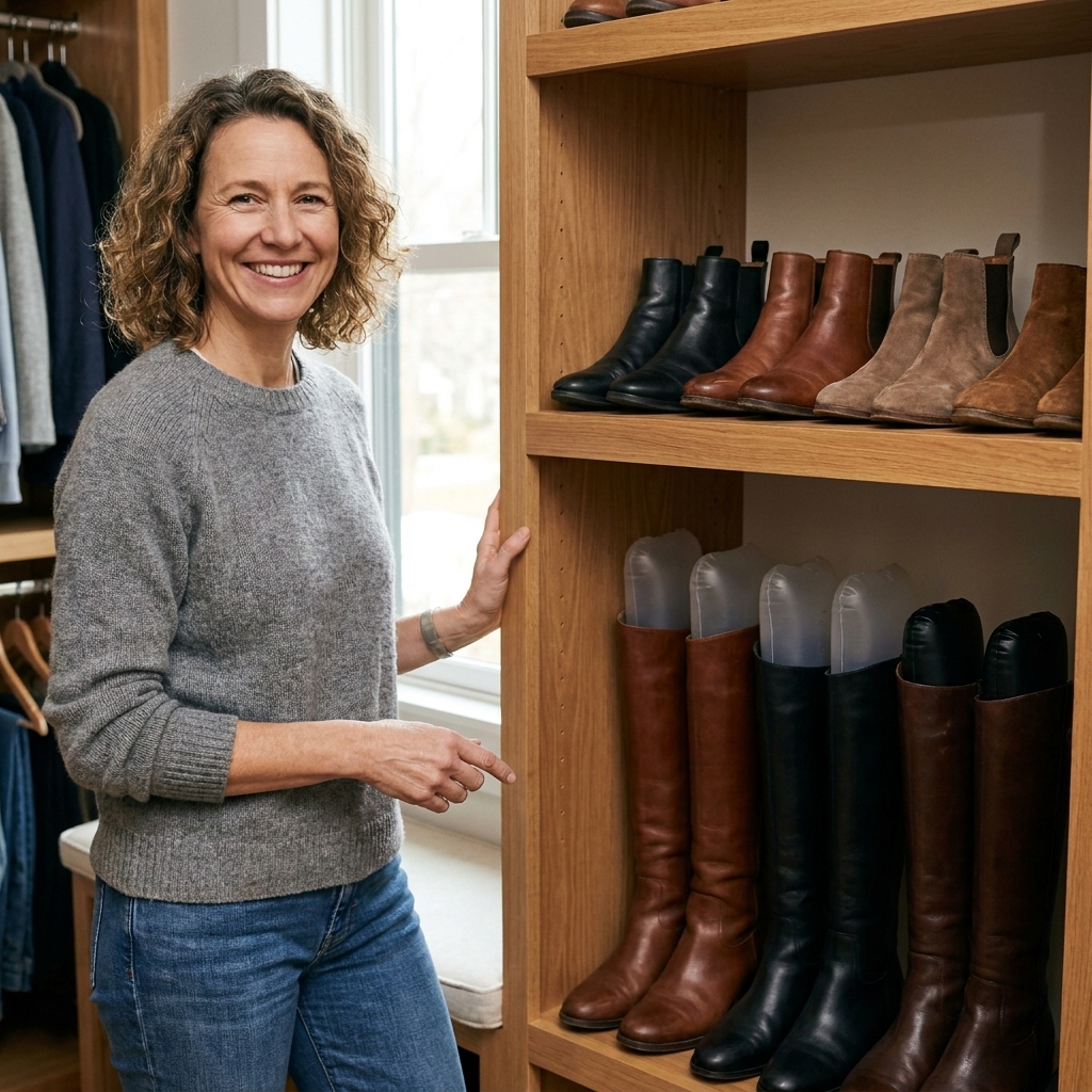 A closet section with tall boots standing upright using boot shapers, with ankle boots stored on a shelf above.