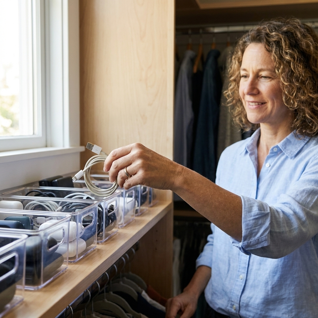 A closet shelf with clear acrylic bins neatly holding small categories like cables and accessories, with a hand placing one item into a bin