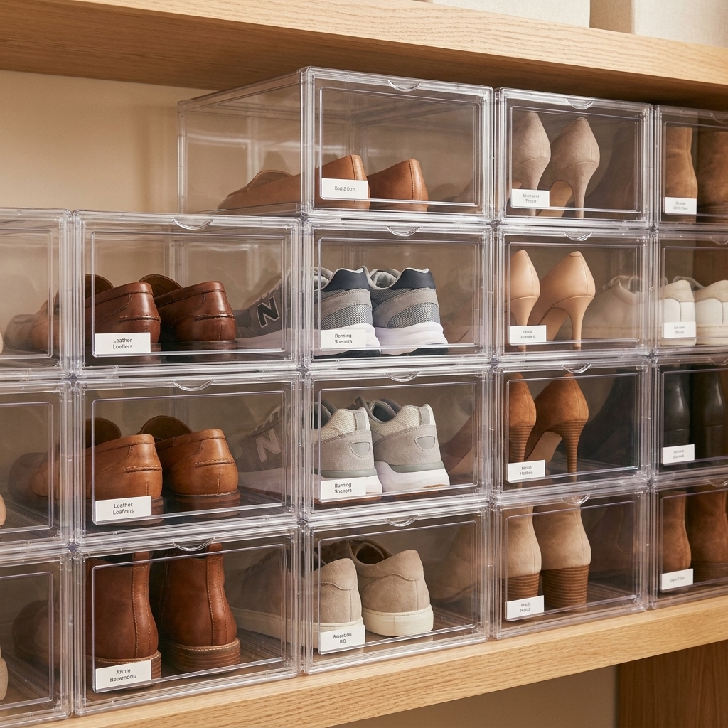 A closet shelf with stackable clear shoe boxes arranged neatly, each box holding a pair of shoes.