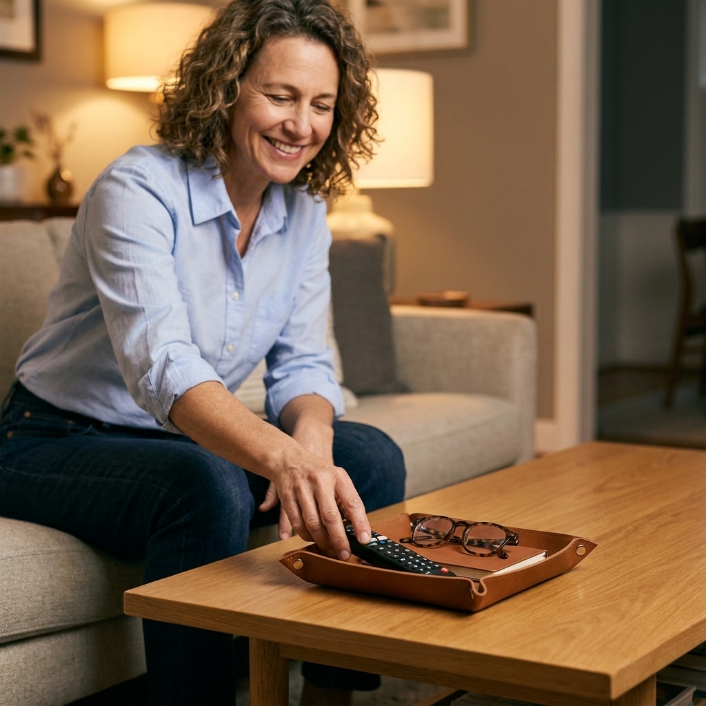 A coffee table with a neat catchall tray holding a remote, a small notebook, and a pair of glasses, keeping the surface mostly clear