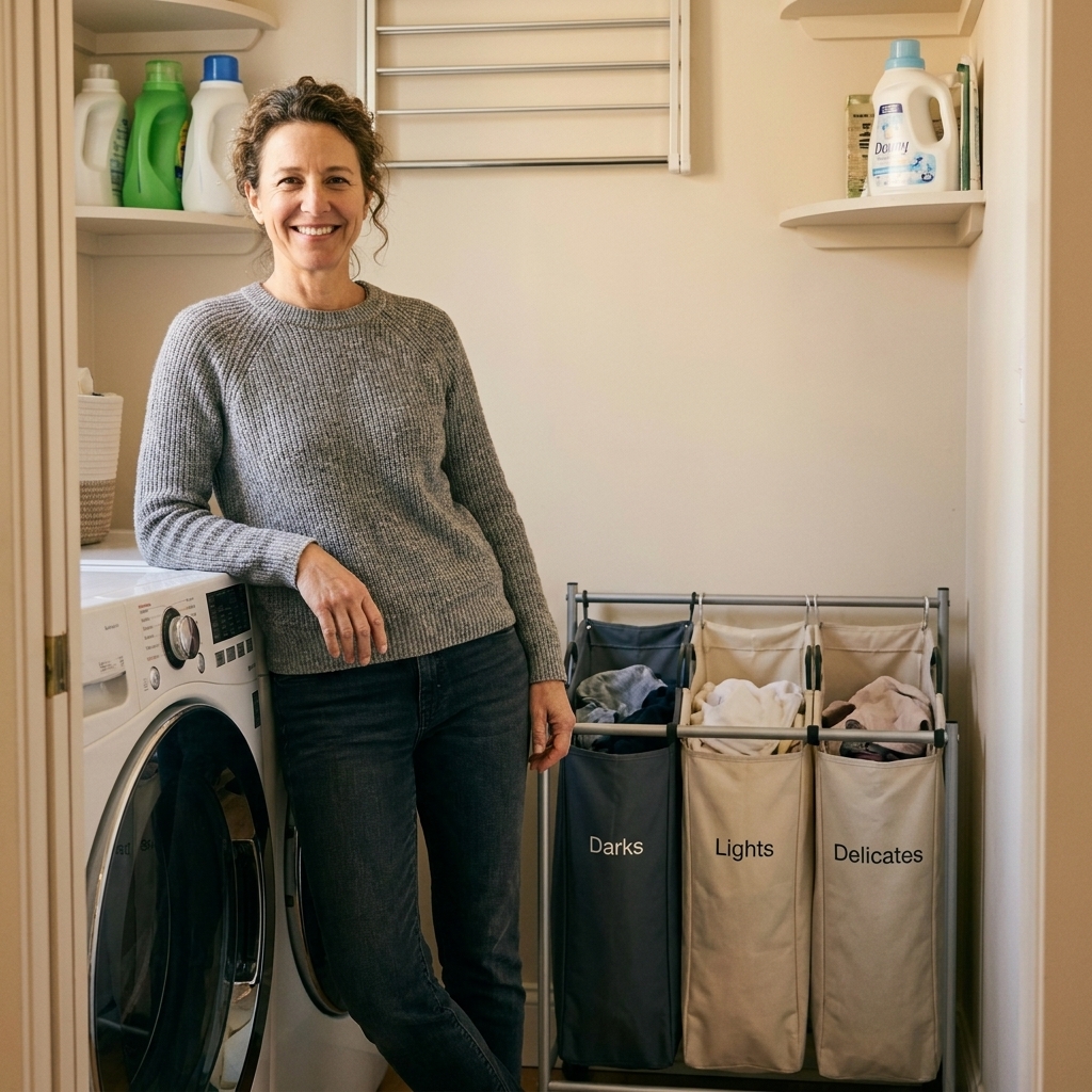 A compact laundry room corner with a vertical three-bag laundry sorter on a slim frame, each bag partially filled, next to a front-load washer