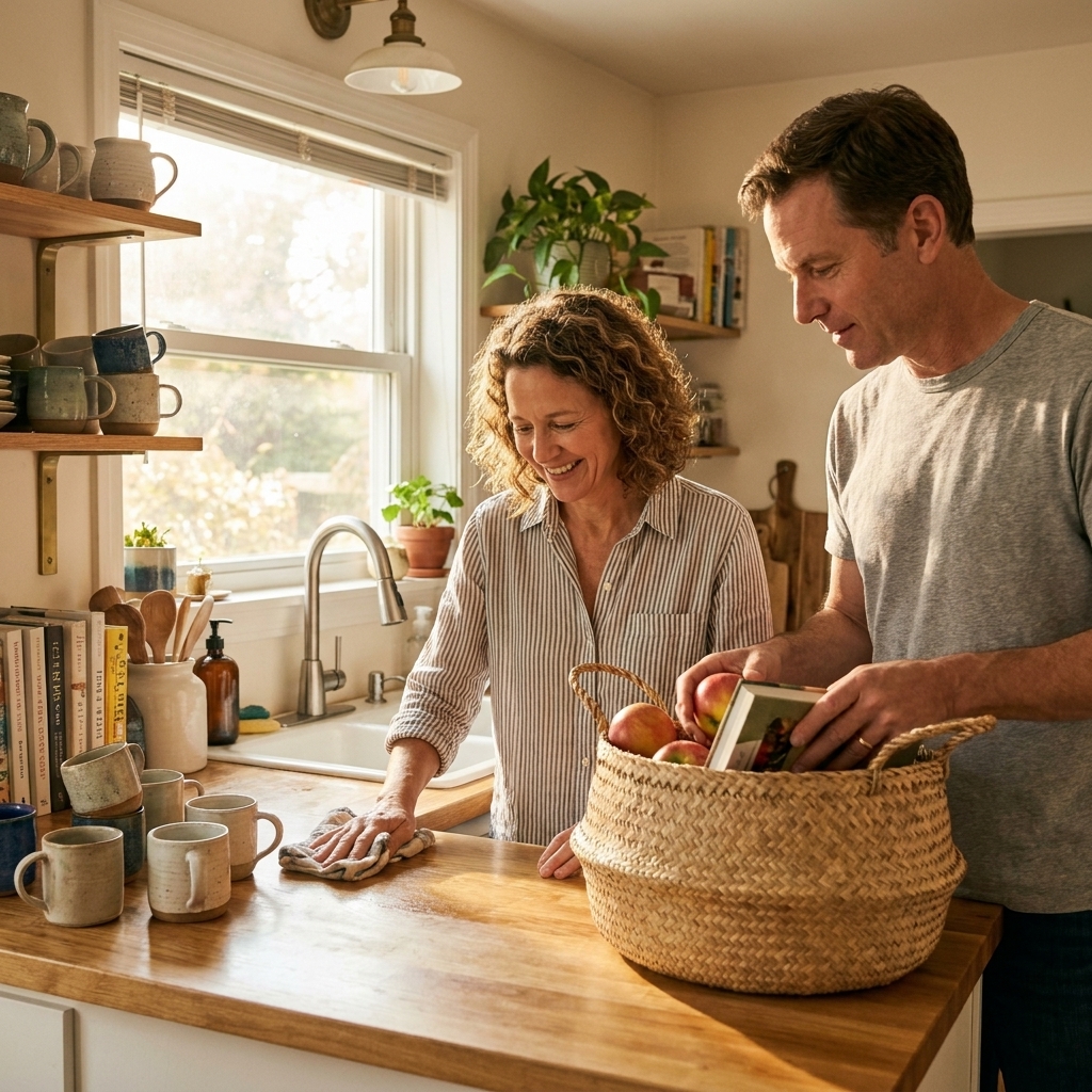 A couple tidying a kitchen together on a weekend afternoon, one wiping a counter while the other puts items into a basket