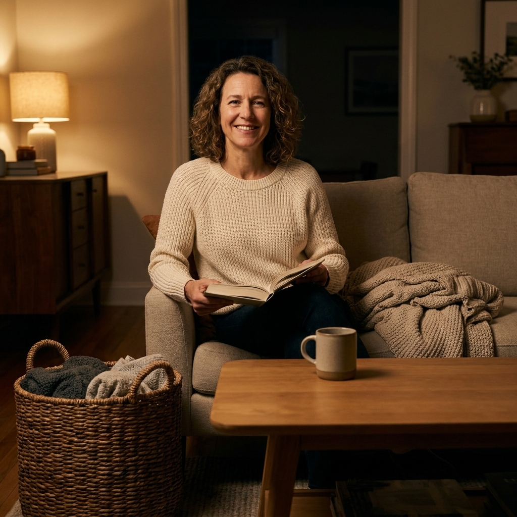 A cozy living room in the evening with a basket on the floor, a mostly clear coffee table, and a folded throw blanket on the couch