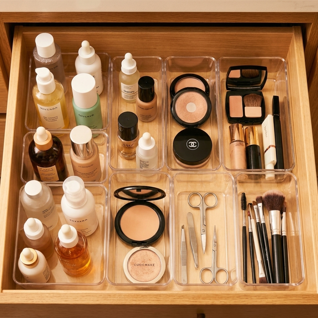 A deep bathroom drawer with several clear acrylic organizer bins arranged in rows holding skincare bottles, makeup compacts, and small grooming tools
