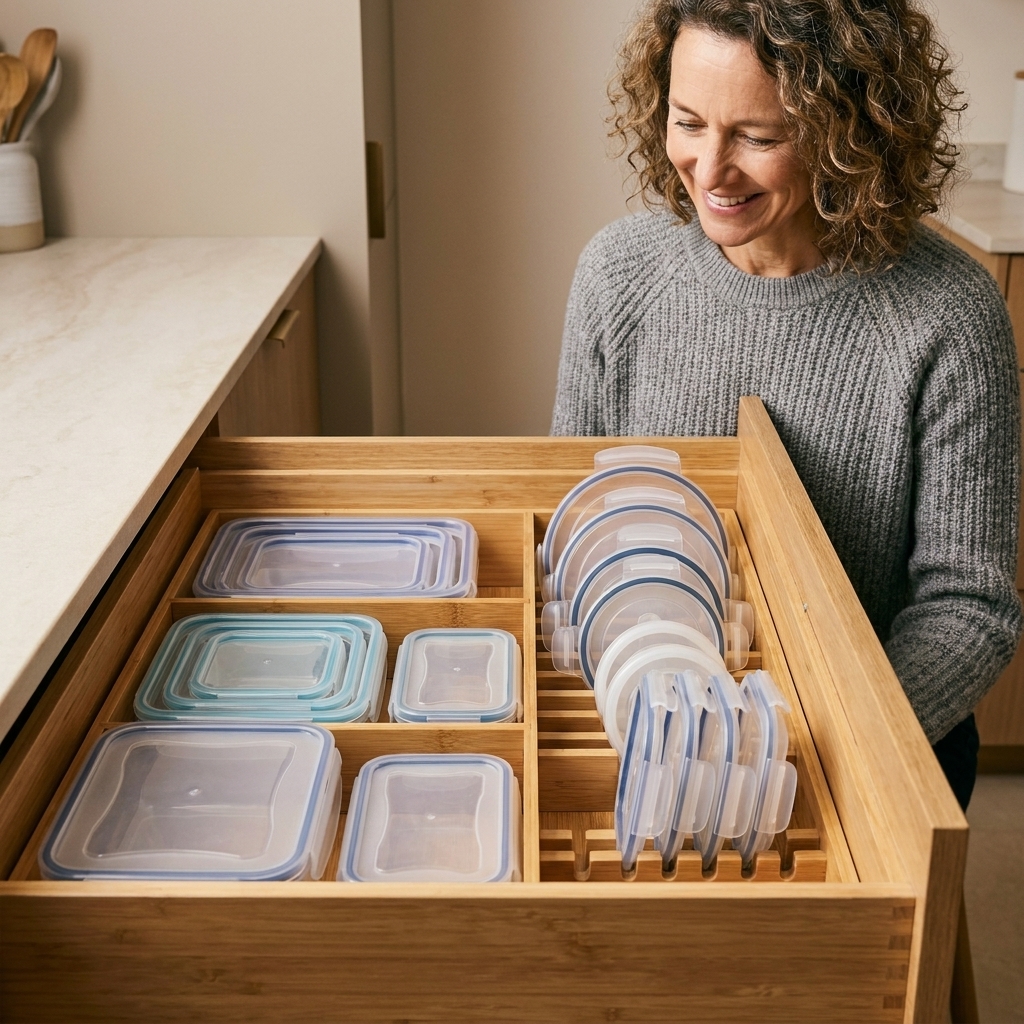 A deep kitchen drawer organized with dividers, with plastic containers nested on one side and lids stored upright on the other.