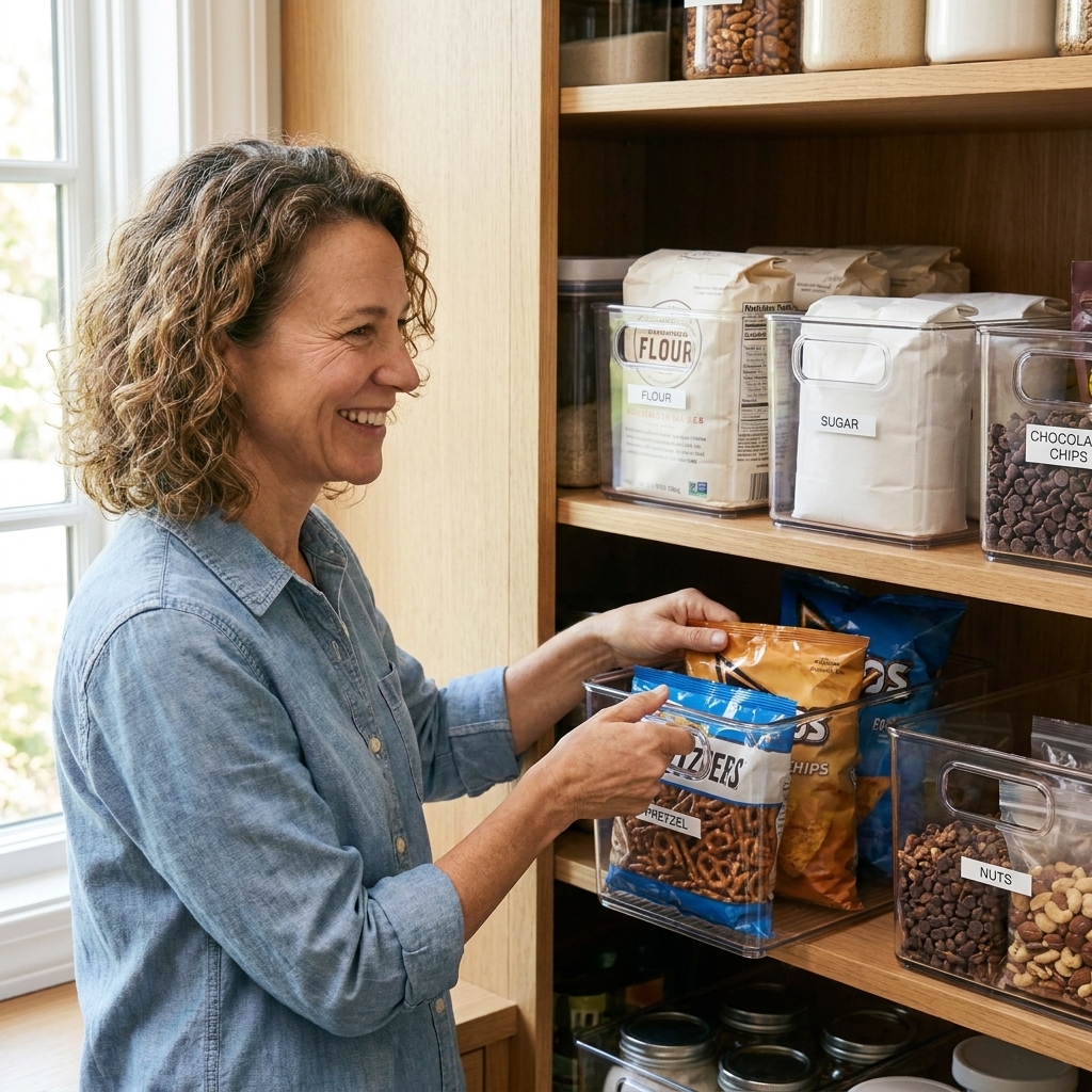 A deep pantry shelf with clear handled bins pulled forward, showing organized snack bags and baking ingredients