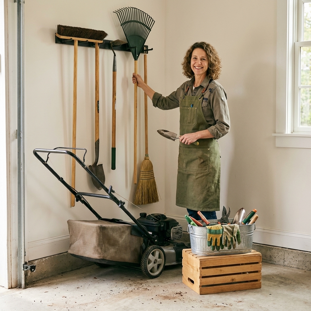 A garage corner with long-handled yard tools hanging on a wall rack, a mower parked below, and a small bin holding garden gloves and hand tools