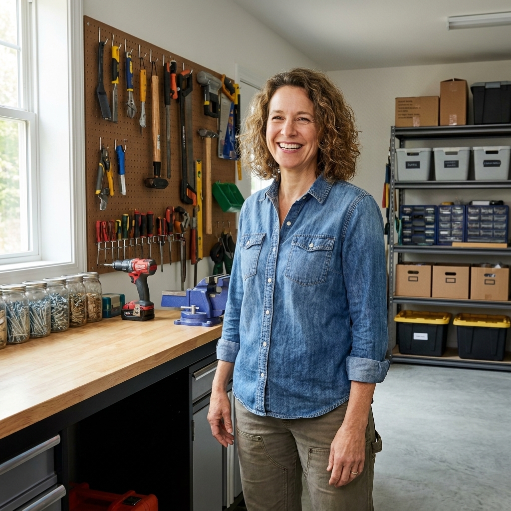 A garage interior with wall-mounted hooks, a workbench, and shelving arranged so the floor is mostly clear and items are grouped by use