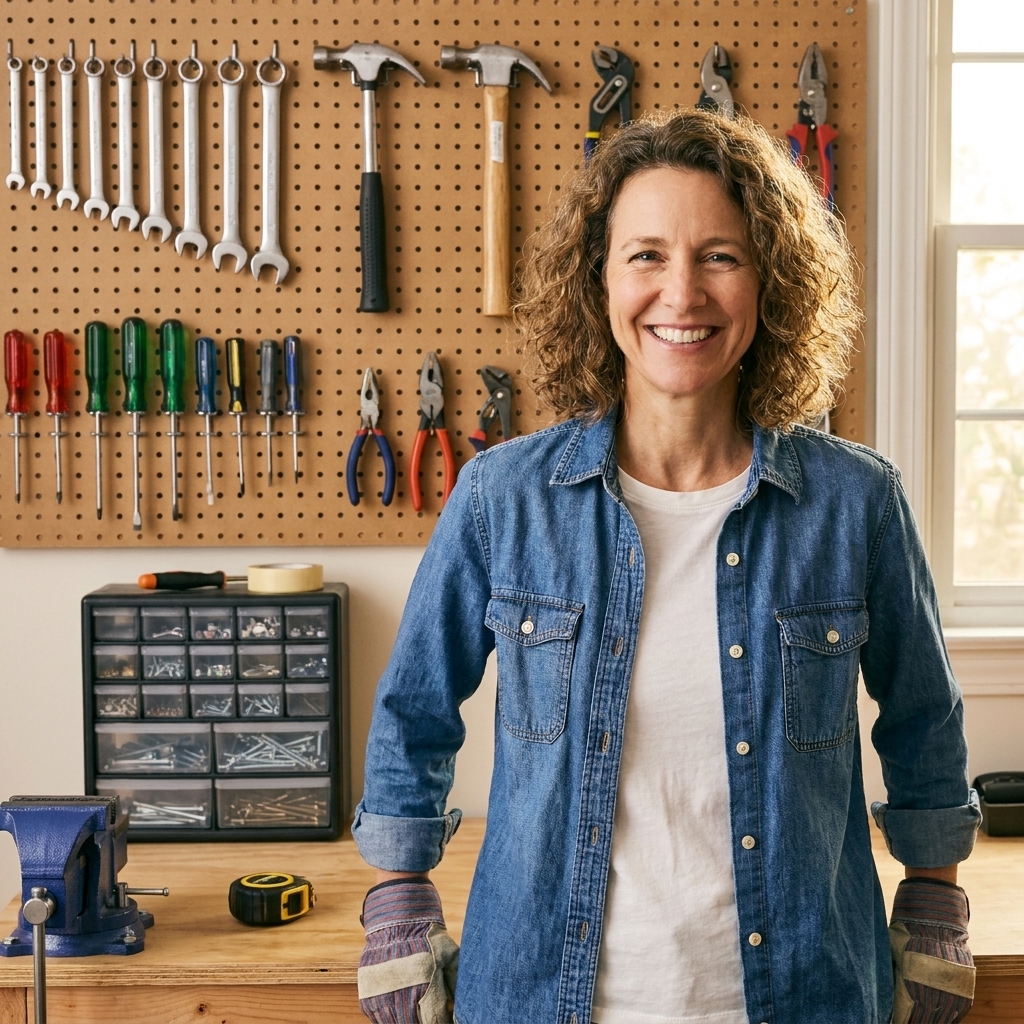 A garage wall with a pegboard holding hand tools neatly, with a small workbench below and a compact organizer for screws and nails