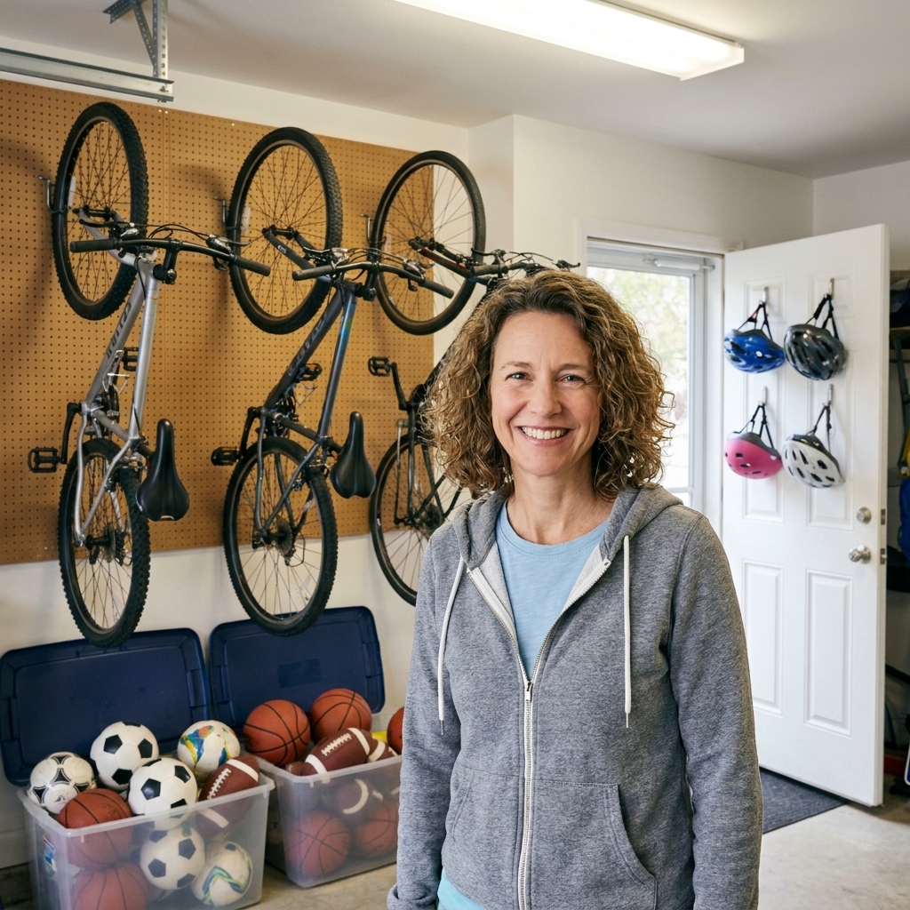 A garage wall with bikes on wall hooks, open bins holding sports balls, and helmets hanging on individual hooks near the entry door