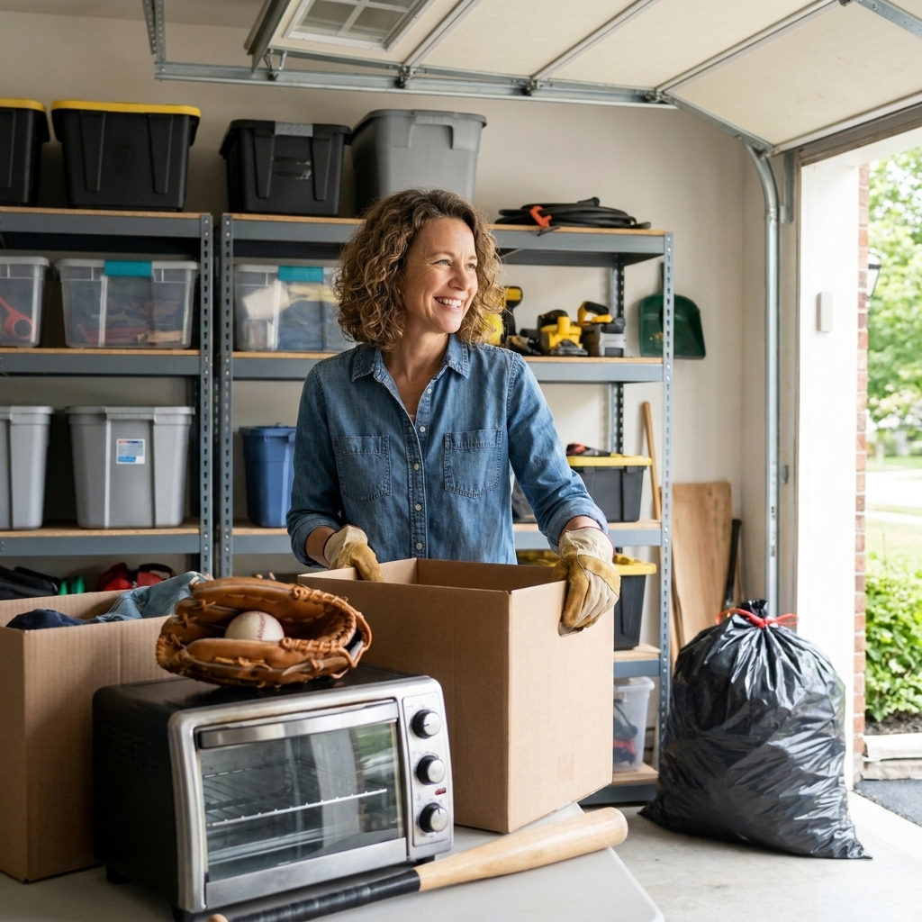 A garage with a few shelves, a neat pile of donation items including a small appliance and sports gear, and a trash bag near the door