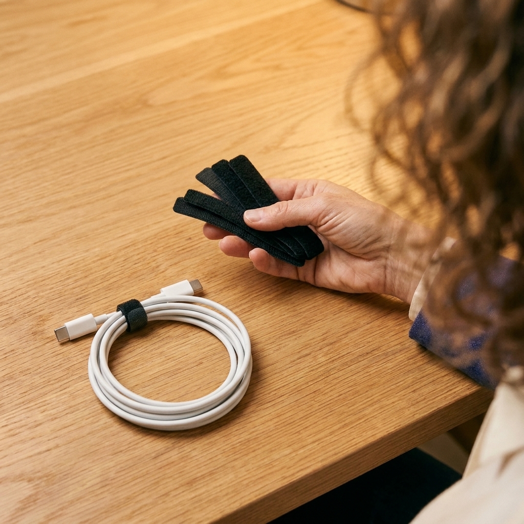 A hand holding a small stack of black Velcro cable ties next to a neatly coiled charging cable on a wooden tabletop