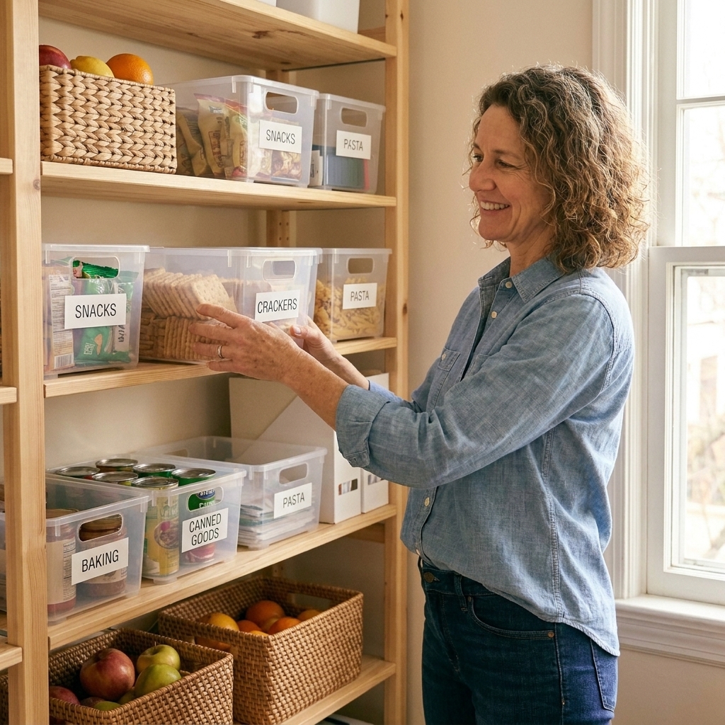 A hand placing a labeled clear bin onto a pantry shelf filled with snacks and staples, with categories grouped so items are easy to spot