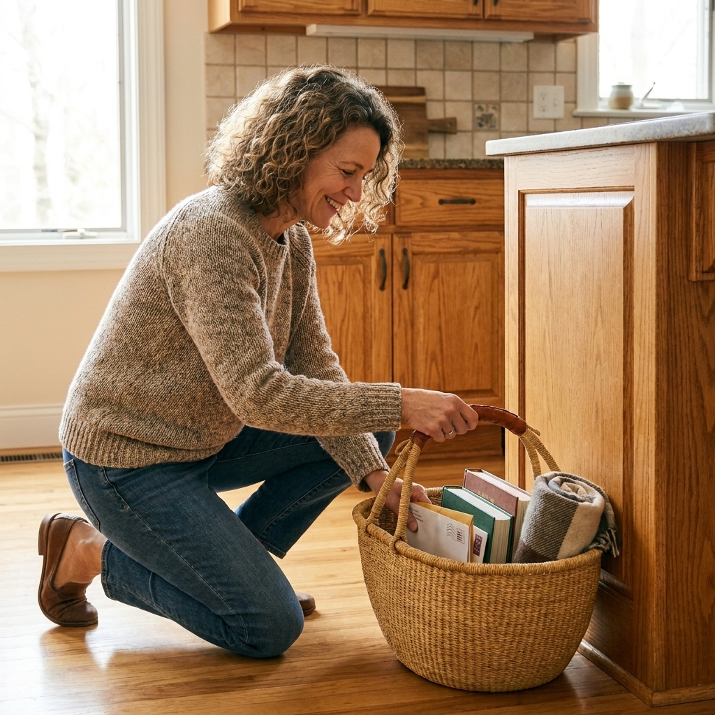 A handled basket sitting on a kitchen floor near a counter, filled with a few items ready to be put away, realistic home photo