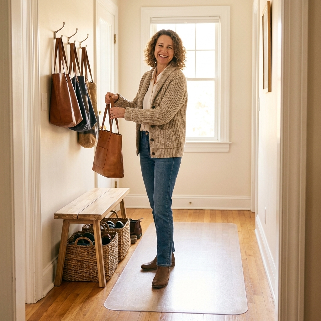 A home entryway with a small bench, hooks for bags, and two baskets for shoes with a clear pathway