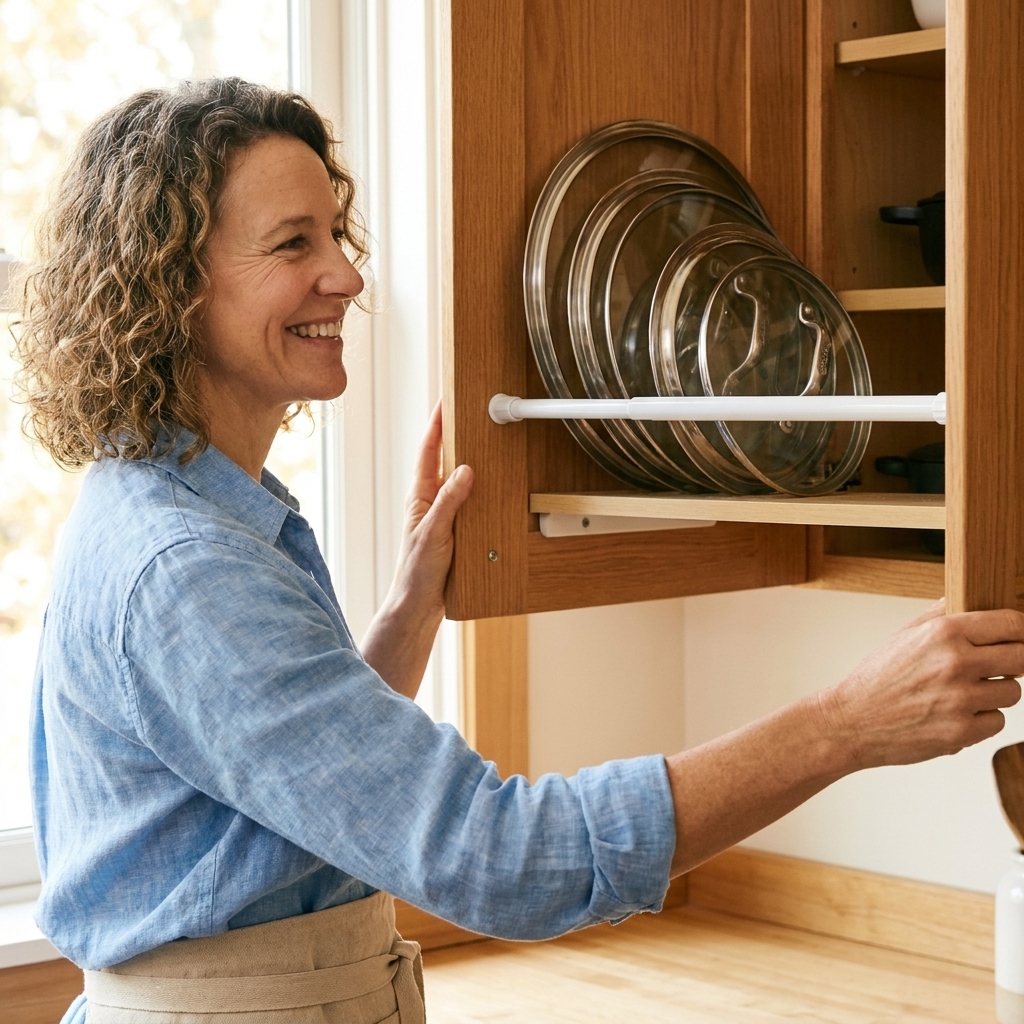 A kitchen cabinet shelf with pot lids stored upright and a tension rod installed near the front edge to keep the lids from tipping forward