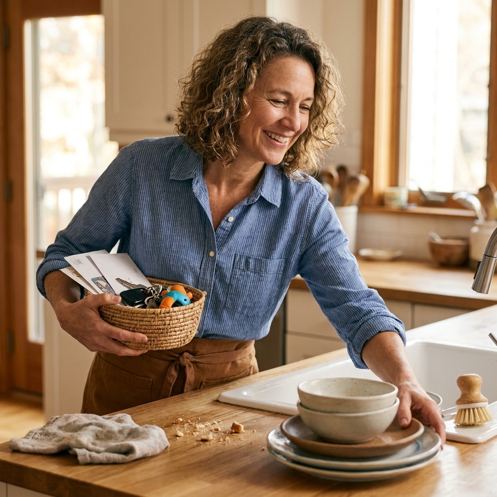A kitchen counter being quickly cleared with a small basket holding random items, a few dishes moved toward the sink, and crumbs ready to be wiped