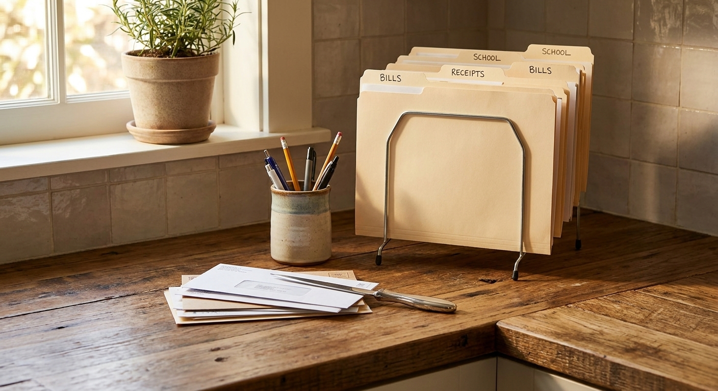 A kitchen counter corner with a letter opener, a pen cup, a small stack of mail, and a vertical file organizer holding a few labeled folders
