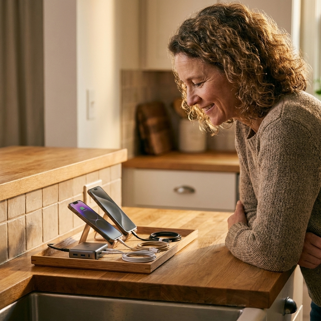 A kitchen counter corner with a small tray holding several phones and a compact charging hub, with cords contained and not draping over the edge