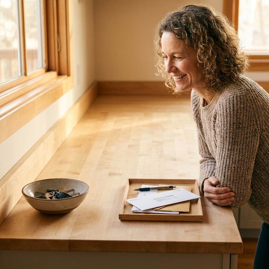 A kitchen counter with a small tray holding mail and a pen next to a bowl with keys, with the rest of the counter clear