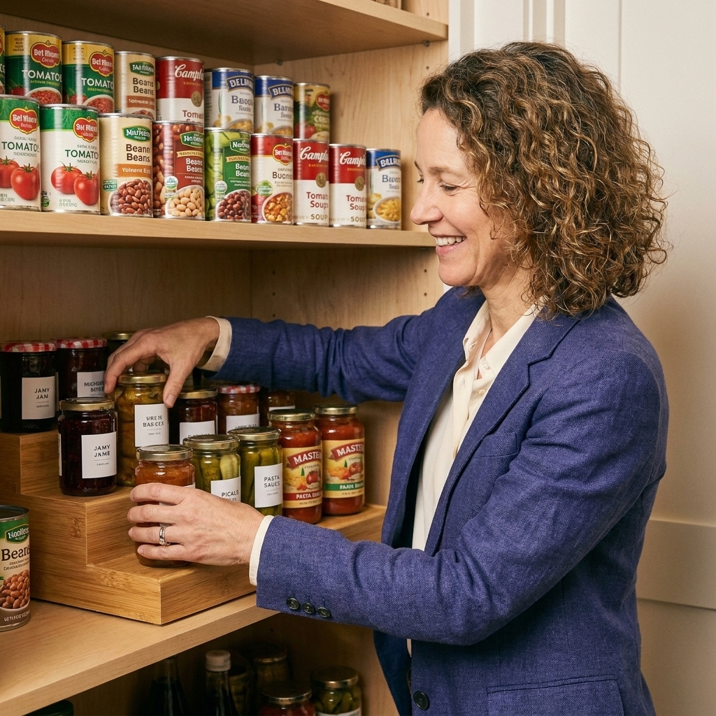 A kitchen pantry shelf with a tiered riser holding canned goods and jars, all labels facing forward