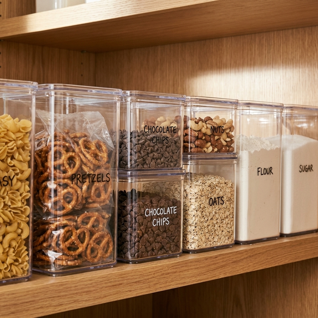 A kitchen pantry shelf with clear acrylic bins holding snacks and baking items, lined up with visible contents