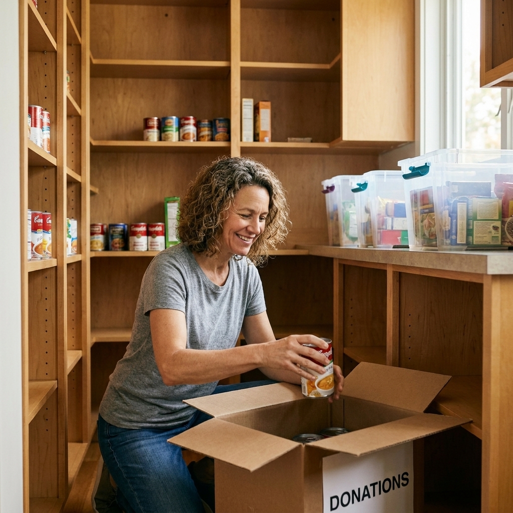 A kitchen pantry with shelves partially emptied, a few clear bins on the counter, and a donation box open beside canned goods