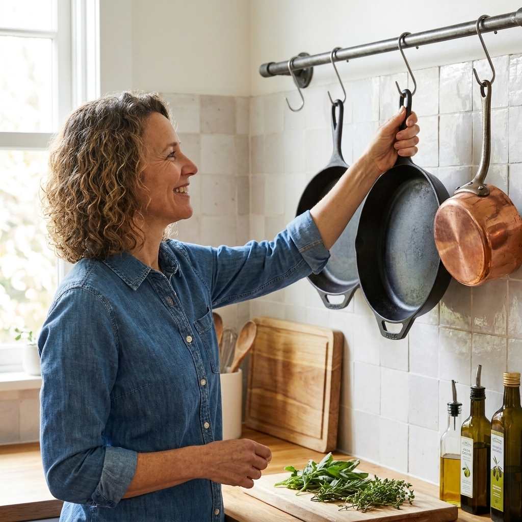 A kitchen wall with a sturdy metal rail mounted above the counter, holding two skillets and a saucepan on hooks