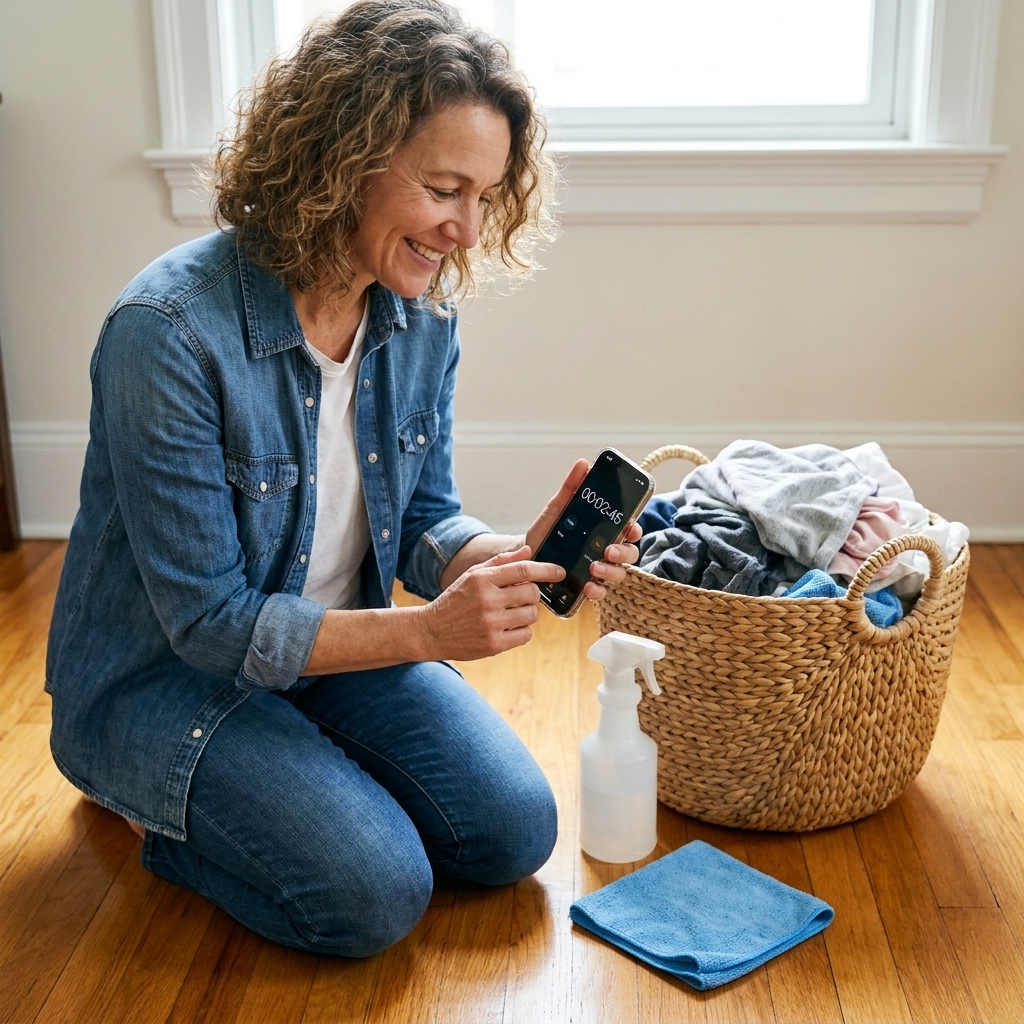 A laundry basket on a hardwood floor next to a spray bottle, microfiber cloth, and a phone timer counting down.