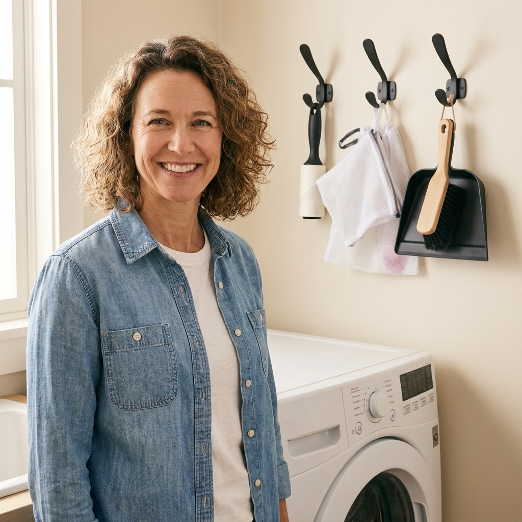 A laundry room wall with a row of matte black hooks holding a lint roller, delicates bags, and a small dustpan and brush set beside a washer