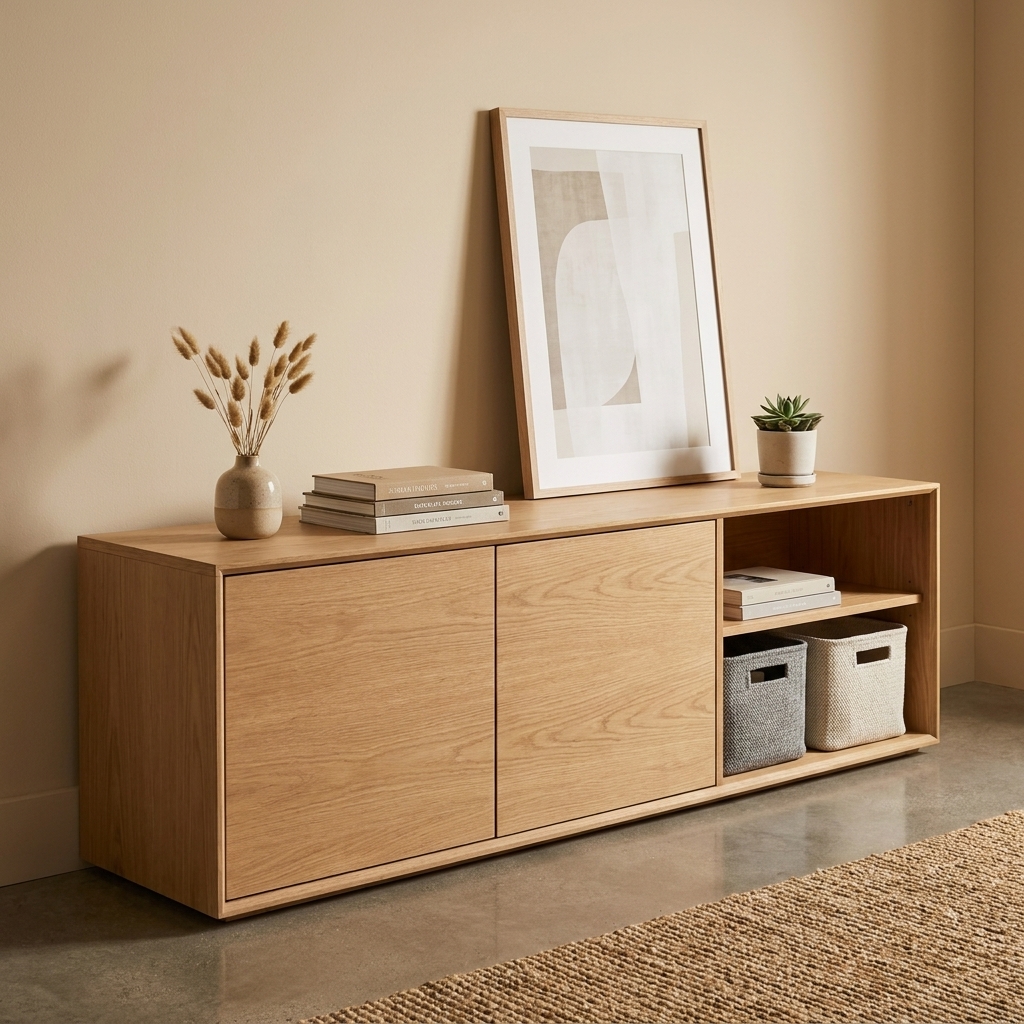 A living room media console with closed cabinet doors and a few discreet storage bins visible on an open shelf, tidy and minimal