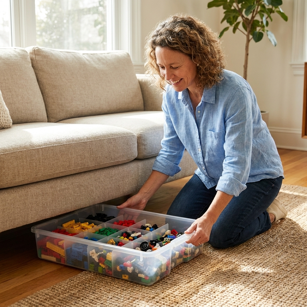 A low-profile storage bin being pulled from under a living room sofa, revealing neatly contained toy pieces inside