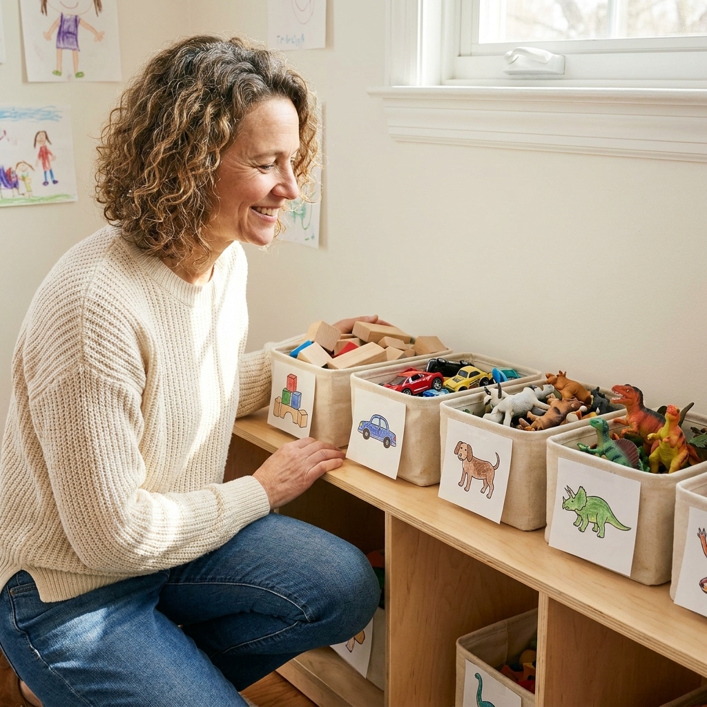 A low shelf with several small bins, each holding a single type of toy, with simple picture labels on the front