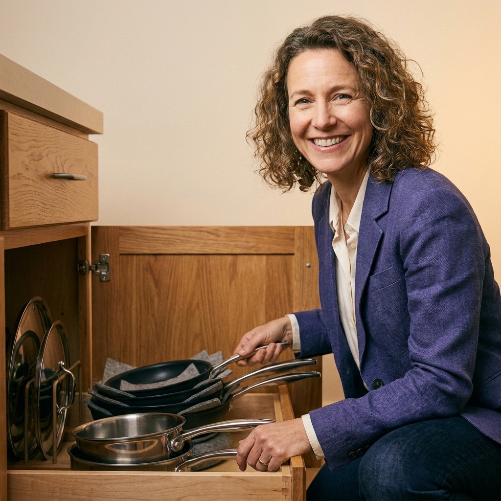 A lower kitchen cabinet with neatly stacked frying pans and saucepans, with pan protectors between nonstick pans and lids stored upright