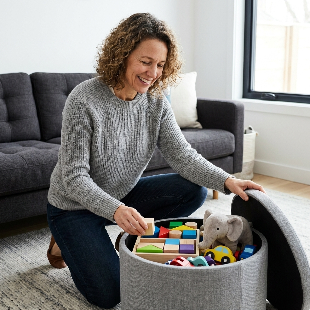 A modern living room with a round upholstered storage ottoman in front of a sofa, lid partially open to reveal neatly contained toys inside