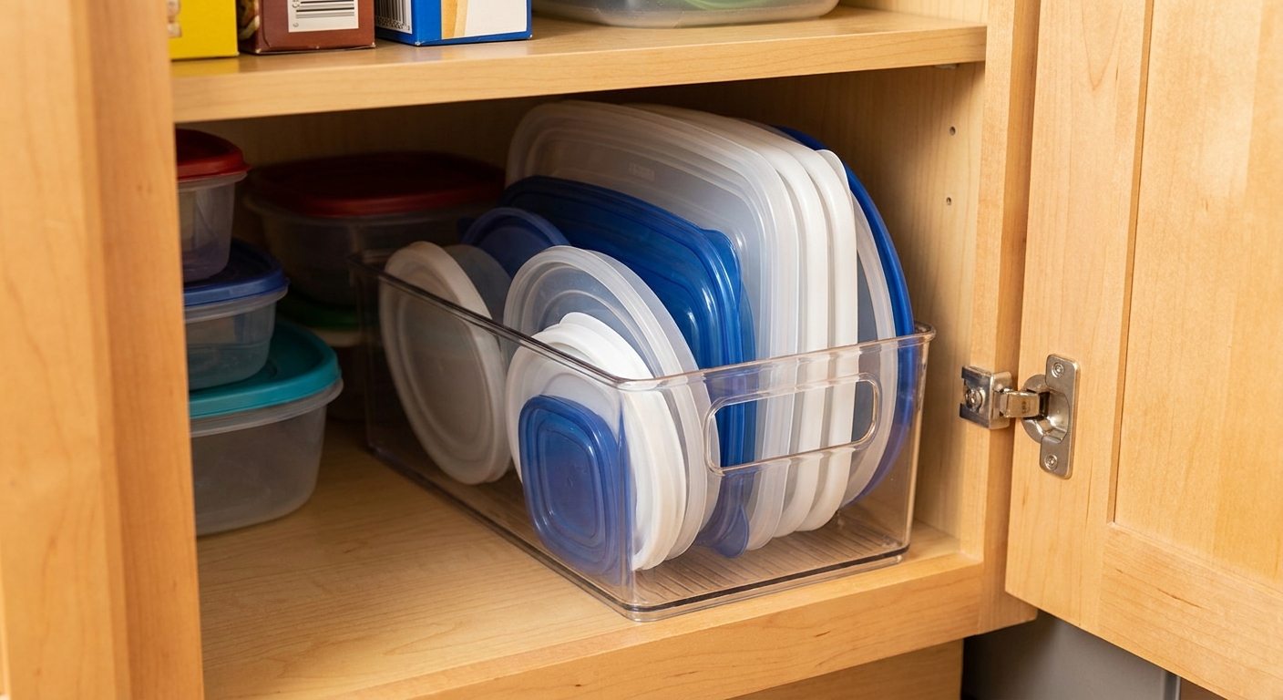 A narrow bin inside a kitchen cabinet holding food container lids stored upright like files.