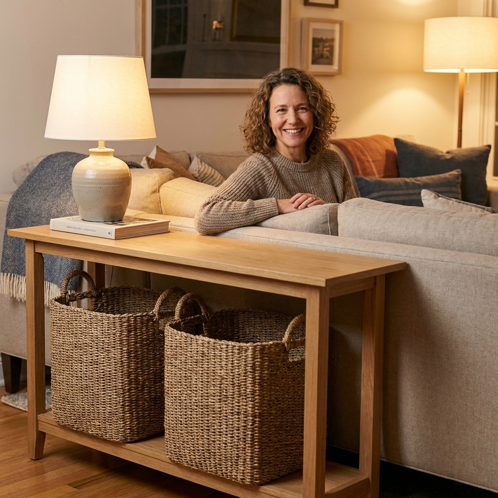 A narrow console table behind a sofa with two matching woven baskets stored neatly on the lower shelf, cozy family living room