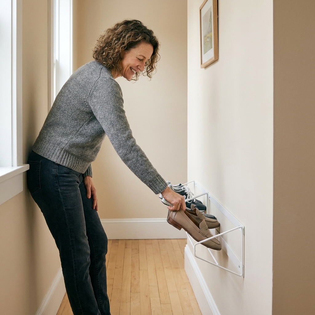 A narrow hallway with a shallow wall-mounted shoe rack holding a few pairs of shoes above the floor.